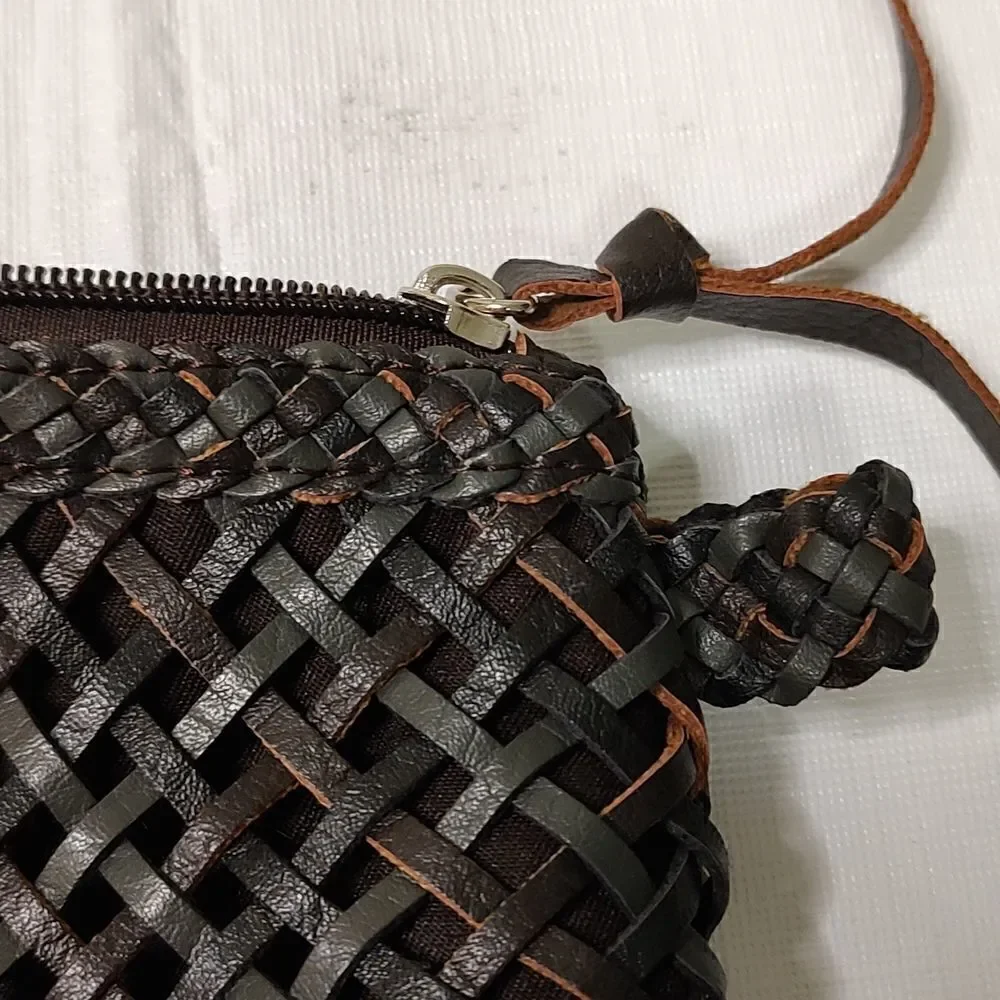 Ceannis Sweden Cosmetic Bag Sweet Woven Brown Leather Clutch Wristlet Bag